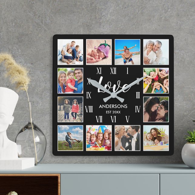  Custom Family Photo Collage Personalized Black Square Wall Clock (Creator Uploaded)