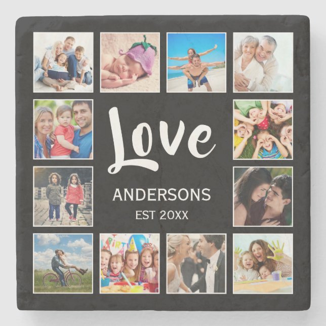 Custom Family Photo Collage Personalized Black Stone Coaster (Front)