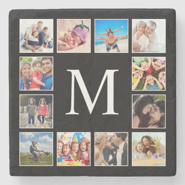Custom Family Photo Collage Personalized Black Stone Coaster (Front)