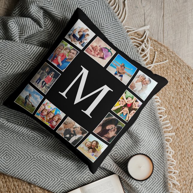 Custom Family Photo Collage Personalized Black Throw Pillow (Creator Uploaded)