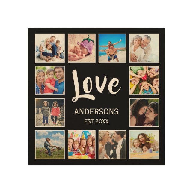 Custom Family Photo Collage Personalized Black Wood Wall Art (Front)