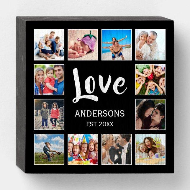 Custom Family Photo Collage Personalized Black Wooden Box Sign (Front Horizontal)