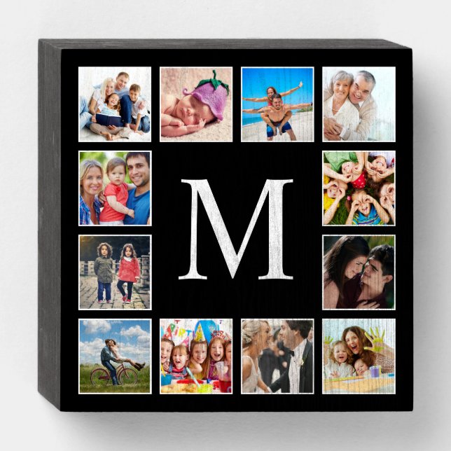 Custom Family Photo Collage Personalized Black Wooden Box Sign (Front Horizontal)