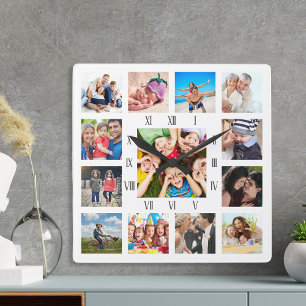 Custom Family Photo Collage Personalized White Square Wall Clock