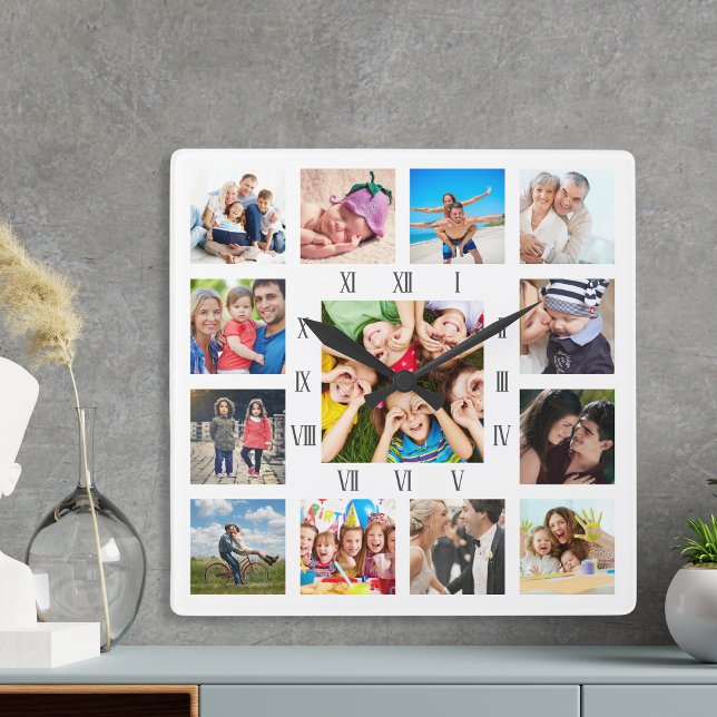 Custom Family Photo Collage Personalized White Square Wall Clock (Creator Uploaded)