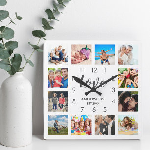 Custom Family Photo Collage Personalized White Square Wall Clock