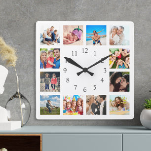 Custom Family Photo Collage Personalized White Square Wall Clock