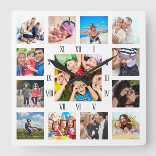 Custom Family Photo Collage Personalized White Square Wall Clock