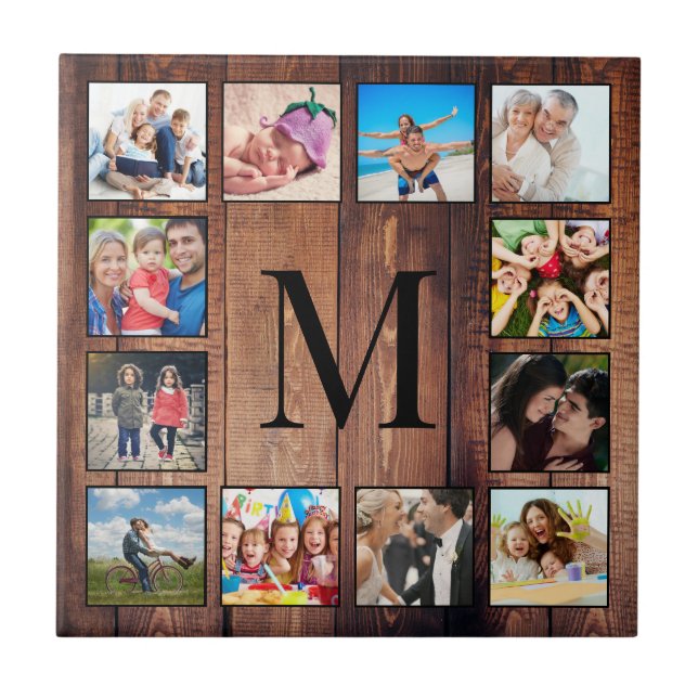 Custom Family Photo Collage Reclaimed Wood Ceramic Tile (Front)
