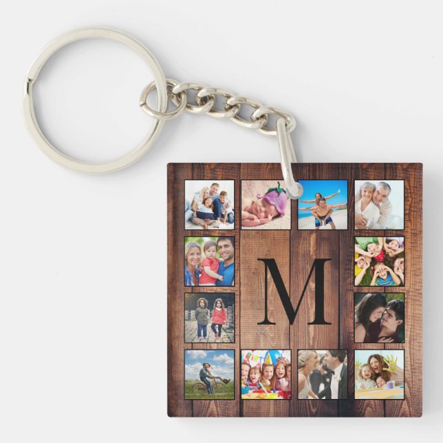 Custom Family Photo Collage Reclaimed Wood Keychain (Front)