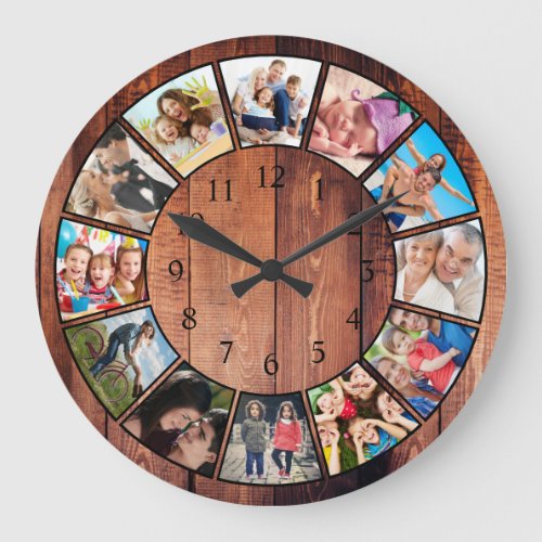 Custom Family Photo Collage Reclaimed Wood Large Clock