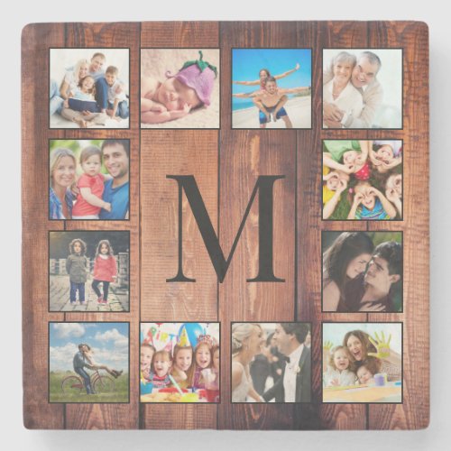Custom Family Photo Collage Reclaimed Wood Stone Coaster
