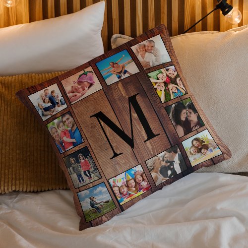 Custom Family Photo Collage Reclaimed Wood Throw Pillow