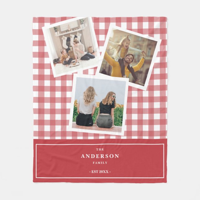 Custom Family Photo Collage Red Gingham Fleece Blanket (Front)