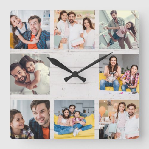 Custom Family Photo Collage Rustic Modern Wood Square Wall Clock