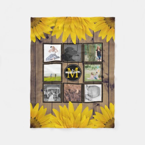 Custom Family Photo Collage Rustic Sunflowers Wood Fleece Blanket