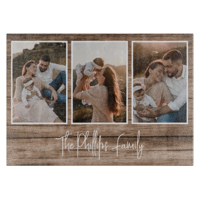 Custom Family Photo Collage Rustic Wood Cutting Board (Front)