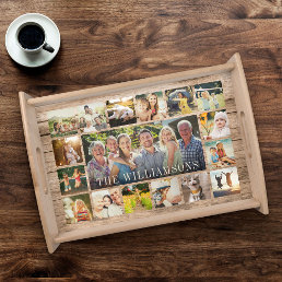 Custom Family Photo Collage Rustic Wood Modern Serving Tray