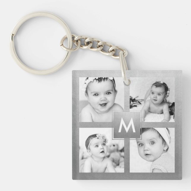 Custom Family Photo Collage Silver Monogram Keychain (Front)