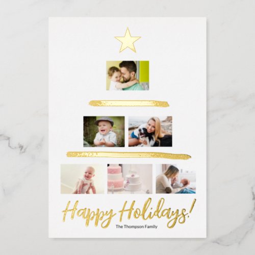 Custom family Photo Collage Tree Star Foil Holiday Card