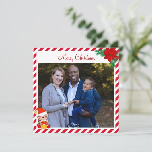 Custom Family Photo & Cute Elf on Red and White (Standing Front)