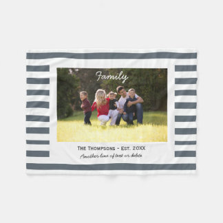 Custom Family Photo Est. Gray & White Stripes Fleece Blanket