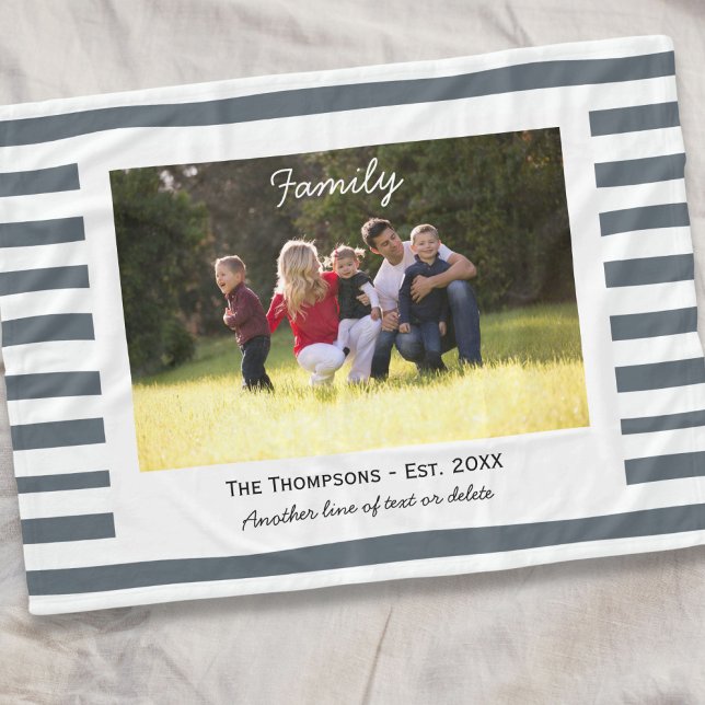 Custom Family Photo Est. Gray & White Stripes Fleece Blanket (Creator Uploaded)