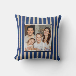Custom Family Photo Farmhouse Blue And Tan Striped Throw Pillow