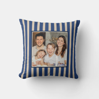 Custom Family Photo Farmhouse Blue And Tan Striped Throw Pillow