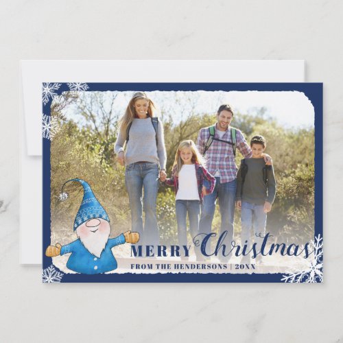 Custom Family Photo Gnome Blue Merry Christmas Holiday Card