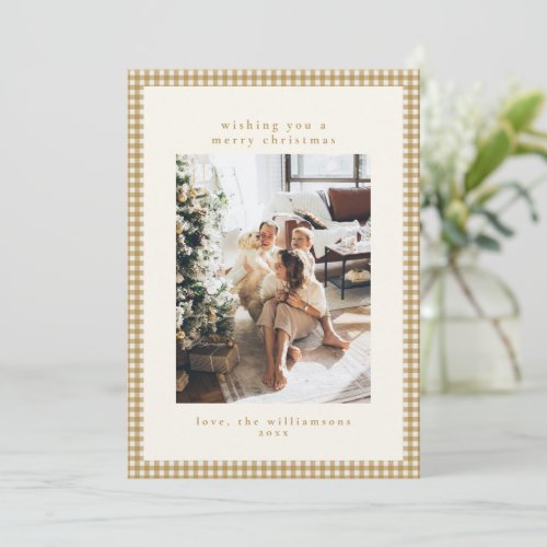 Custom Family Photo Gold Gingham Plaid Christmas Holiday Card