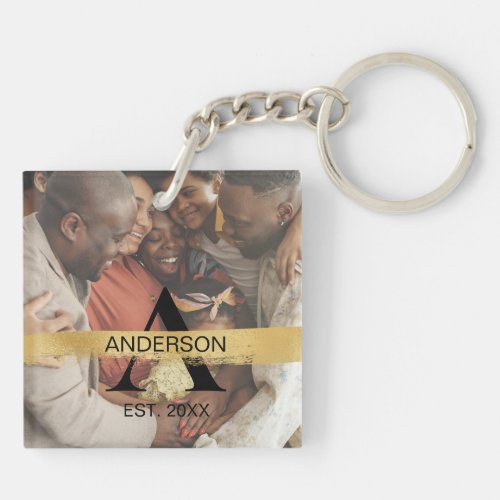 Custom Family Photo Gold Monogram Name Personalize Keychain