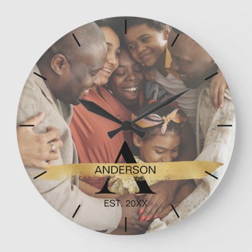 Custom Family Photo Gold Monogram Name Personalize Large Clock