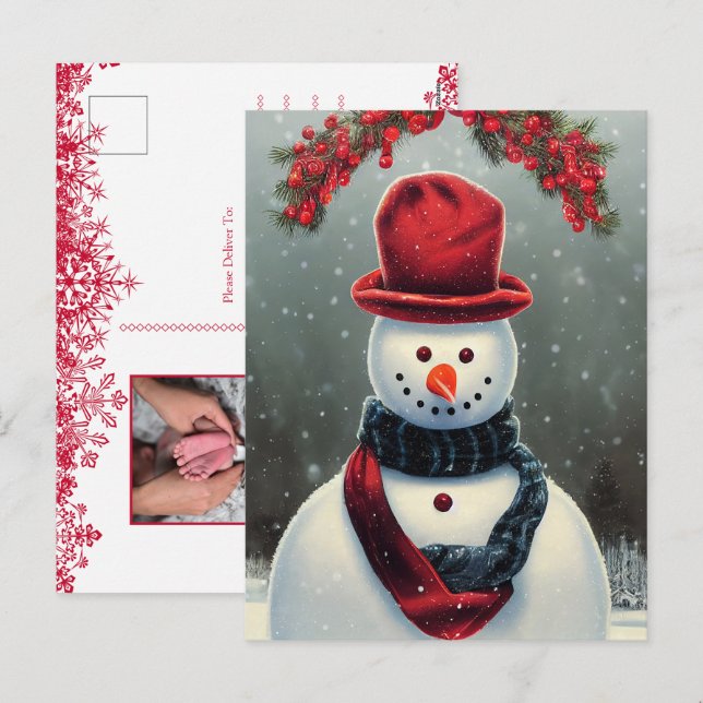 Custom Family photo Holiday Card with Cute Snowman (Front/Back)
