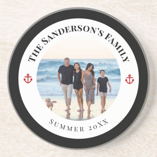 Custom Family Photo in Black Circle Red Anchor Coaster