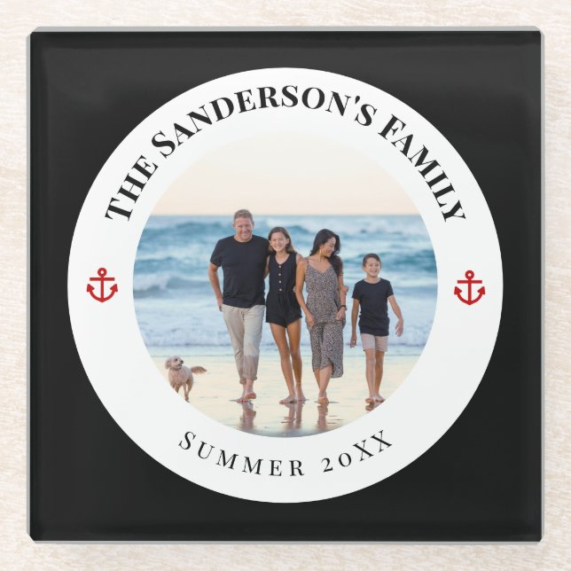 Custom Family Photo in Black Circle Red Anchor Glass Coaster (Front)