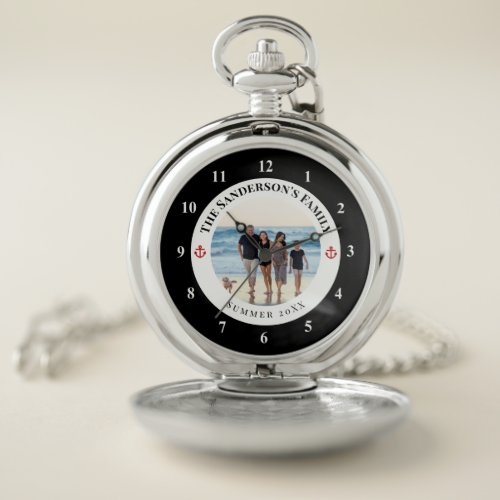 Custom Family Photo in Black Circle Red Anchor Pocket Watch