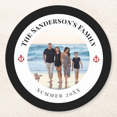 Custom Family Photo in Black Circle Red Anchor Round Paper Coaster