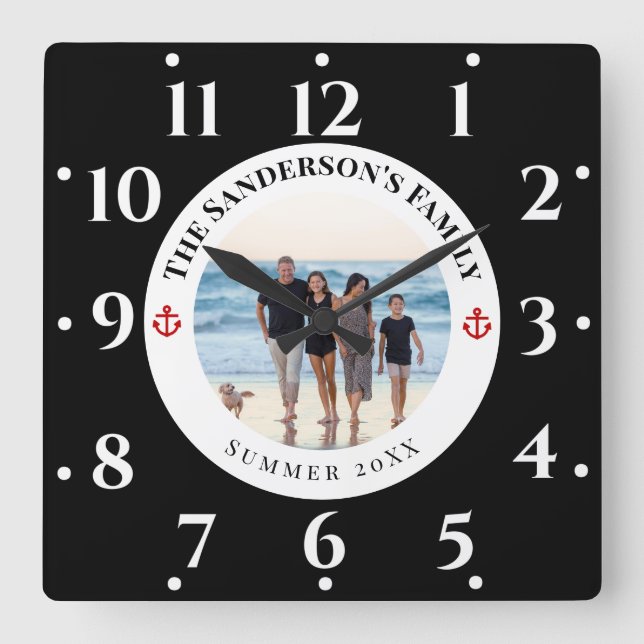 Custom Family Photo in Black Circle Red Anchor Square Wall Clock (Front)