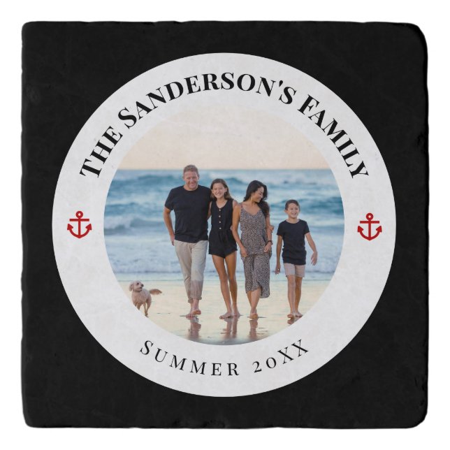 Custom Family Photo in Black Circle Red Anchor Trivet (Front)