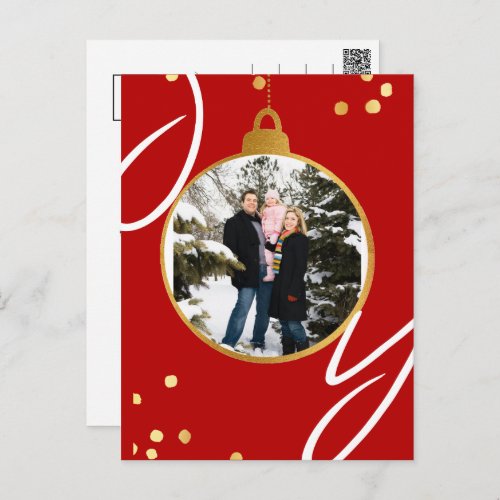 Custom Family Photo in Gold Bauble Joy Holiday Postcard