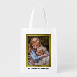 Custom Family Photo Inside Gold Frame + Text Easy Grocery Bag