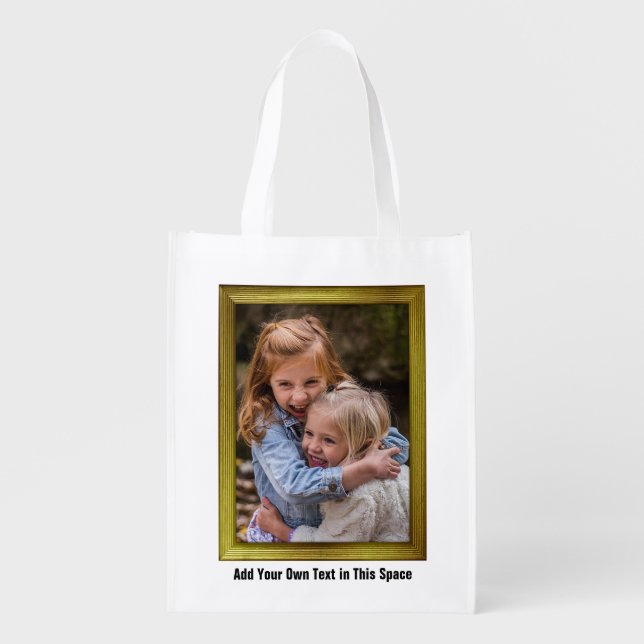 Custom Family Photo Inside Gold Frame + Text Easy Grocery Bag (Front)
