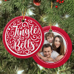 Custom Family Photo Jingle Bells Christmas Red Ceramic Ornament<br><div class="desc">Easily personalize this beautiful hand lettering "Jingle bells" design Christmas ornament with your custom family photo on the back.</div>