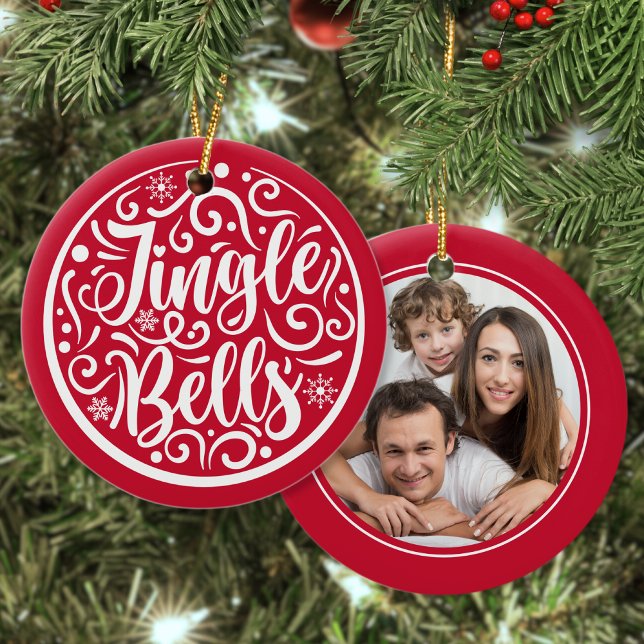Custom Family Photo Jingle Bells Christmas Red Ceramic Ornament (Creator Uploaded)