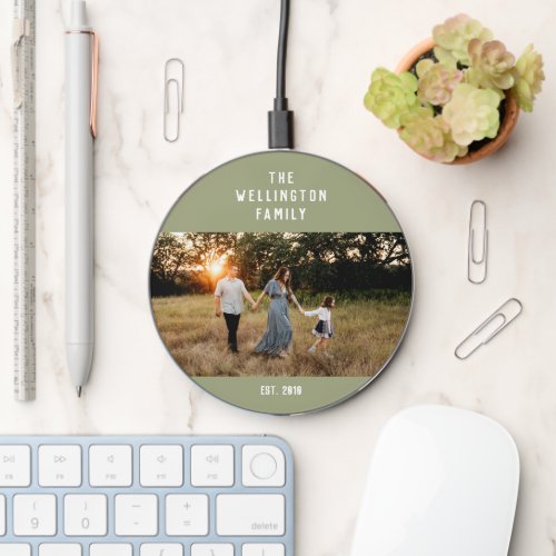 Custom Family Photo Modern Sage Green Wireless Charger