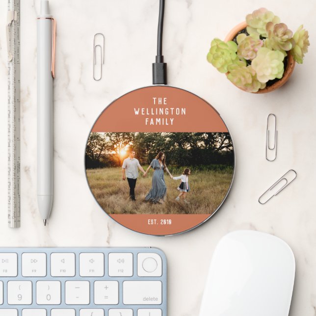 Custom Family Photo Modern Terracotta Brown Wireless Charger (Desk)