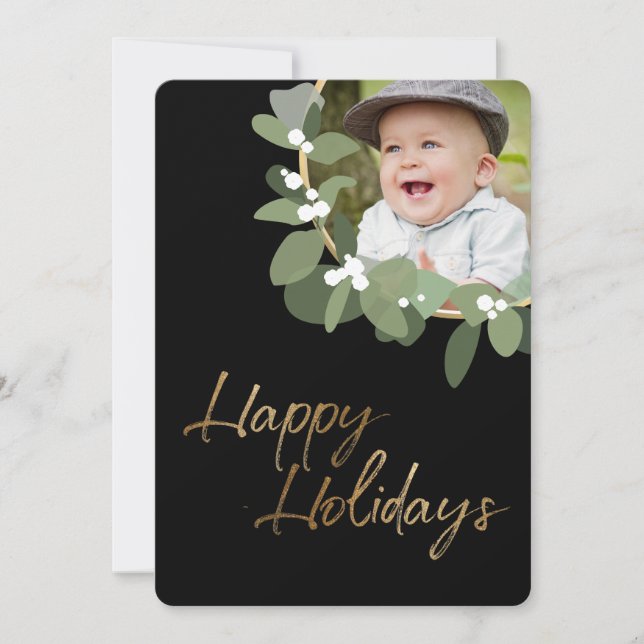 Custom family photo Modern Wreath Happy Holidays Holiday Card (Front)