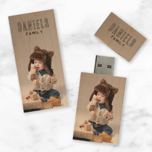 Custom Family Photo Monogram 2-Sided USB Wood Flash Drive