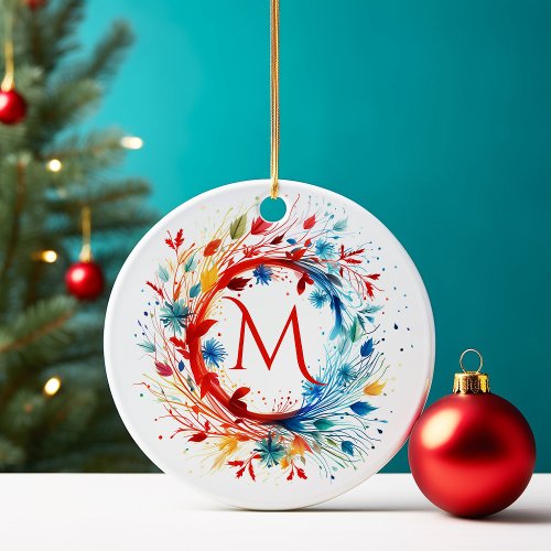 Custom Family Photo Monogram Christmas Wreath Ceramic Ornament